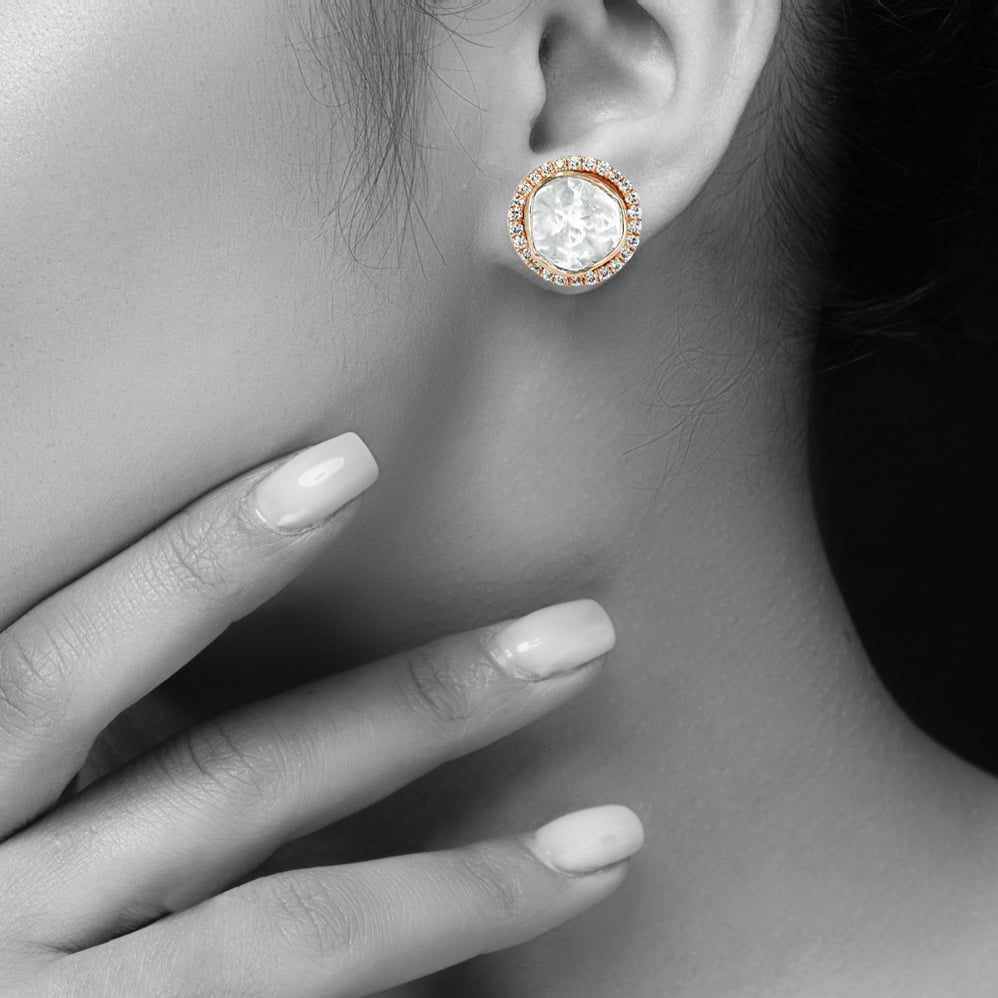 Polki Stud Earrings with Luminous Diamond Halo